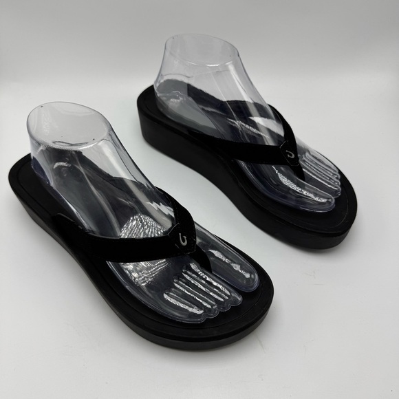 Olukai Women's Pi'O Lua Thong Sandal Platform Wedge Size 9 Flip Flop Black - Picture 1 of 8